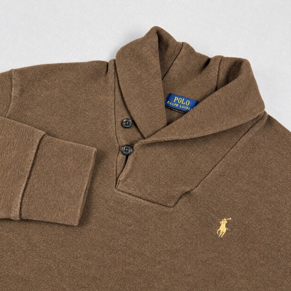 Polo Ralph Lauren Mens Brown Cotton Shawl Collar Sweater Elbow Patches Large